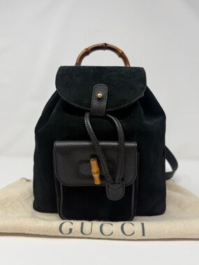 Gucci Vintage Bamboo Suede Backpack Black - COA & Dust Bag